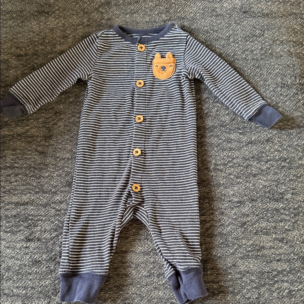 Carter's Navy and White Striped Footie with Cat Patch